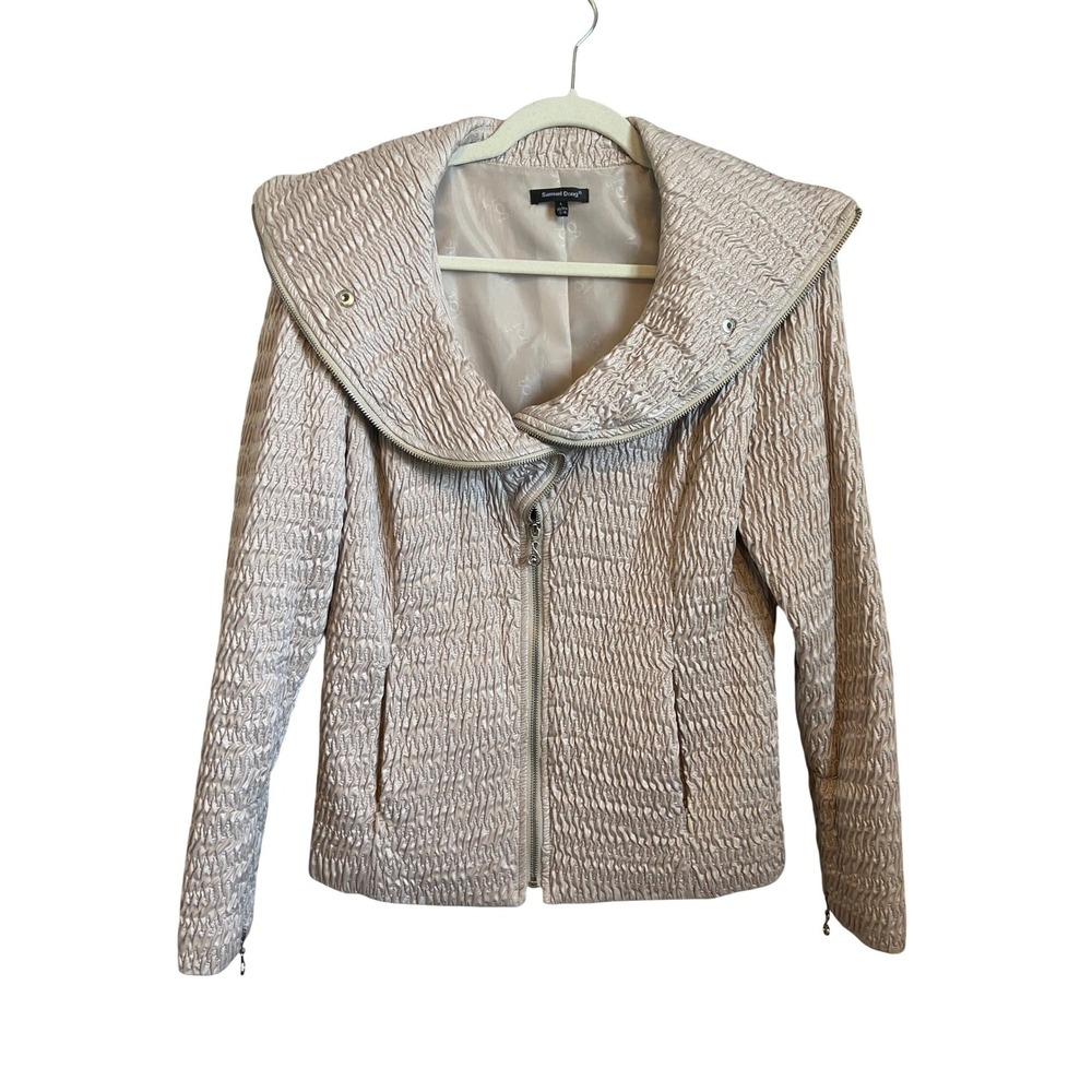 Samuel Dong Champagne Textured Crinkle Asymmetrical Zip Jacket  L